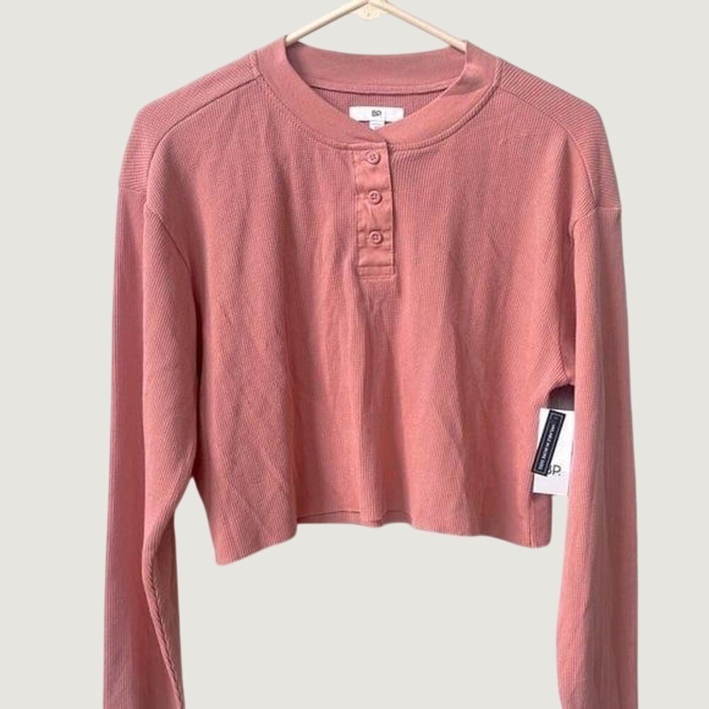 BP Womens XS Waffle Knit Henley Crop Top Dusty Rose Pink Long Sleeve NWT